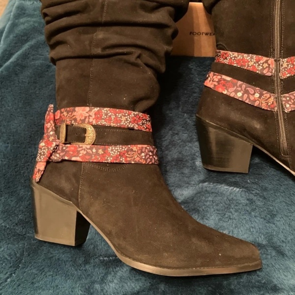 Joe Browns Black Heeled Boots with Floral Red Accents